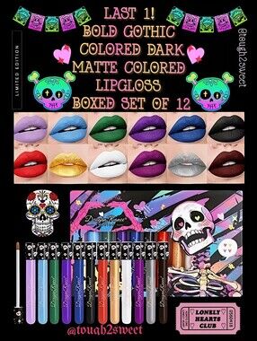 🆕️LAST 1🌹BOLD GOTHIC COLORED DARK MATTE COMPLETE LIPGLOSS BOXED SET OF 12